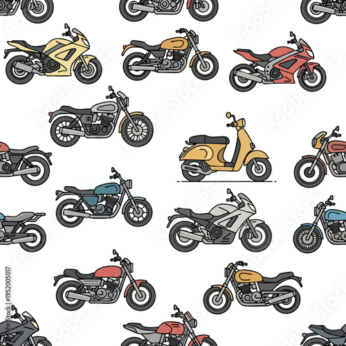 A repeating pattern of various motorcycles and a scooter in a cartoonish, stylized design