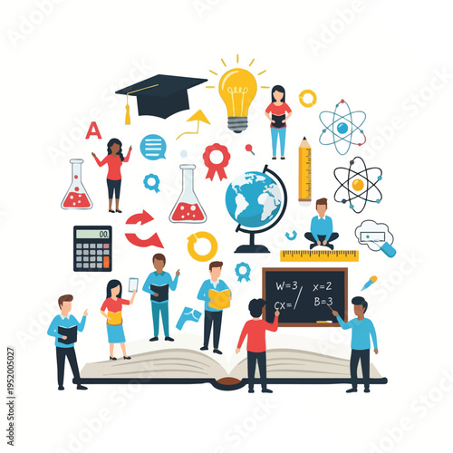 Diverse students gathered around an open book, surrounded by symbols of learning and discovery