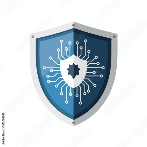 Blue shield with circuit board pattern, representing digital security