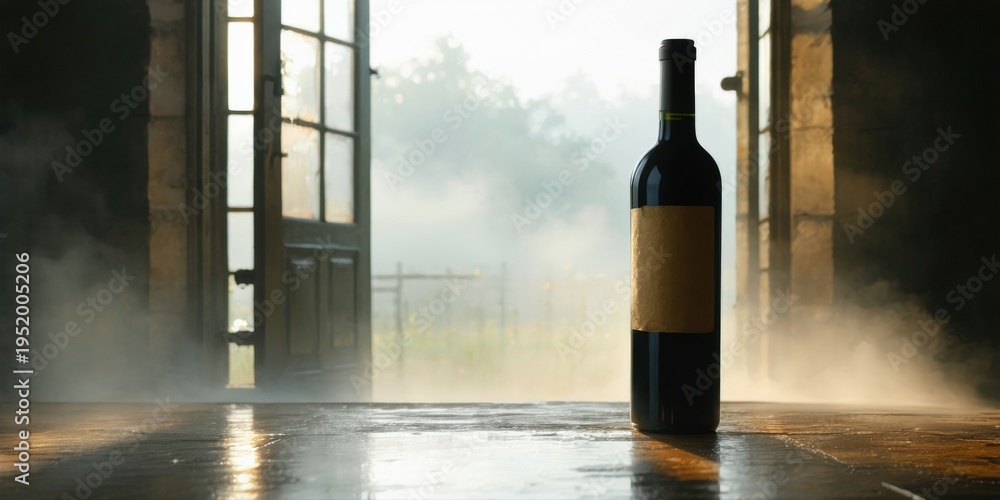 Obraz premium Wine bottle sits on wooden surface. Fog fills doorway, creating dramatic lighting. Background shows blurred landscape. Still life composition.