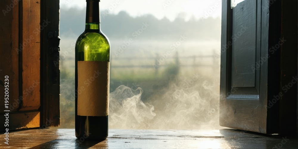 Obraz premium Wine bottle rests near open doorway. Mist rises, landscape visible beyond. Dramatic lighting creates moody atmosphere.