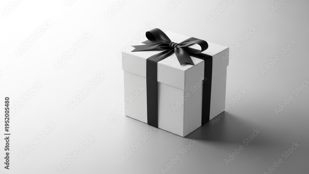 Obraz premium Elegant white gift box with black ribbon and bow on a simple background isolated present concept