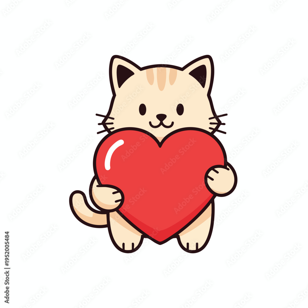 Obraz premium Cute cat holding a large red heart, with stripes on its ears and tail