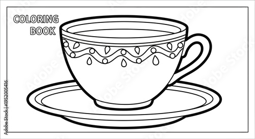 Coloring book page of a teacup and saucer with decorative pattern