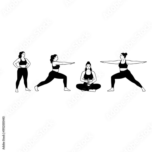A minimalist black and white illustration showing a woman performing various yoga poses and resting