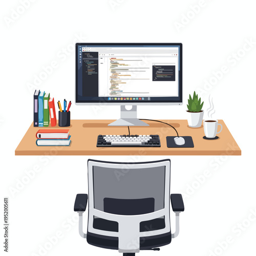 Desk setup with computer, chair, books, plant, and coffee