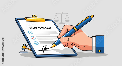 Signing a legal document with a pen on a clipboard, law gavel, and scales of justice in the background