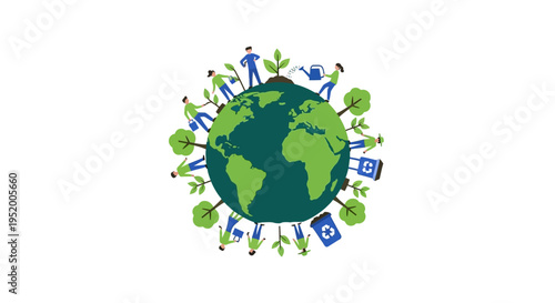 A globe with people, trees, and recycling symbols, symbolizing environmental protection and sustainable living