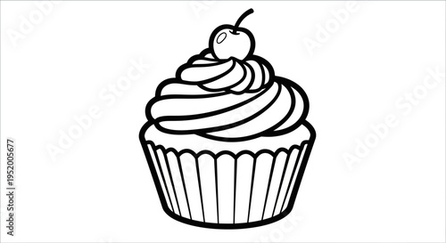 Simple line art cupcake with cherry on top, isolated on white background