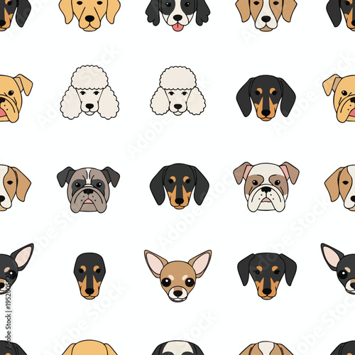 Diverse dog faces in a repeating pattern on a white background