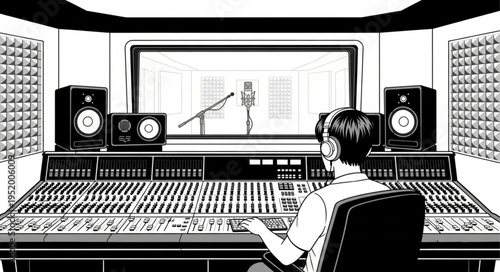 Person in Recording Studio Mixing Music with Console.