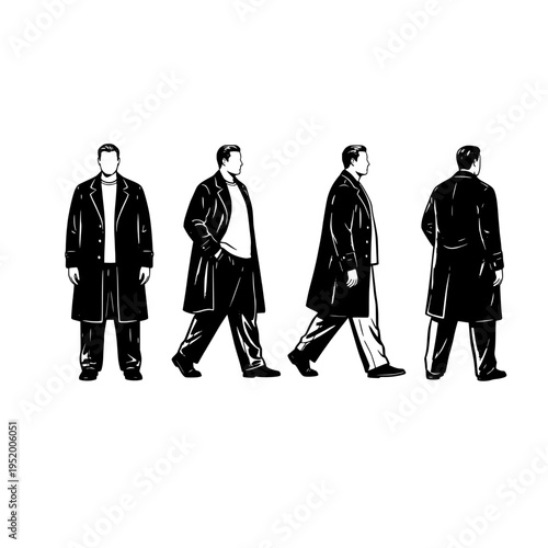 A minimalist black and white illustration showing a man in a long coat from four different angles