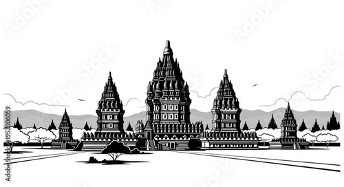 Prambanan Temple Complex - A Detailed Line Art Illustration of Ancient Architecture.