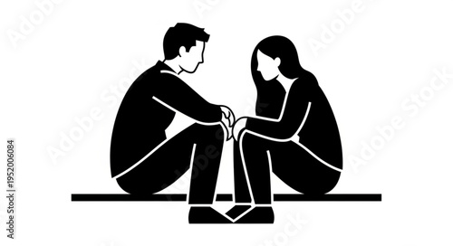 Monochrome Illustration of a Couple Sitting Together in Thoughtful Silence.