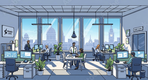 Modern Office Space with Employees Working at Desks Near Large Windows.