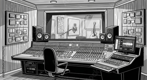 Detailed Illustration of a Professional Audio Mixing Console in Studio.