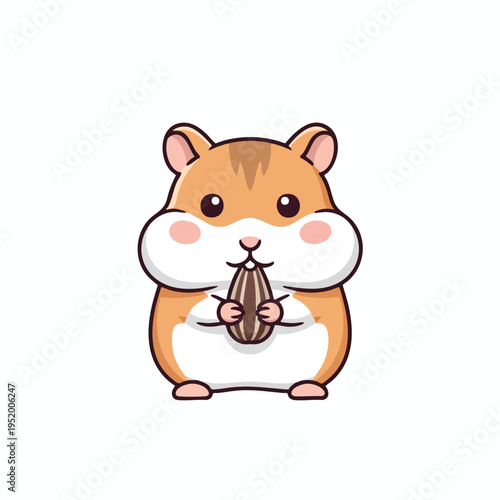 Adorable cartoon hamster holding a sunflower seed with plump cheeks