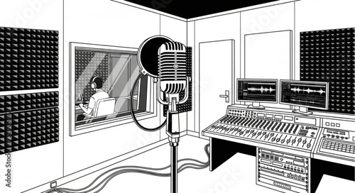 Vintage Microphone in Recording Studio - A Detailed Black and White Illustration.