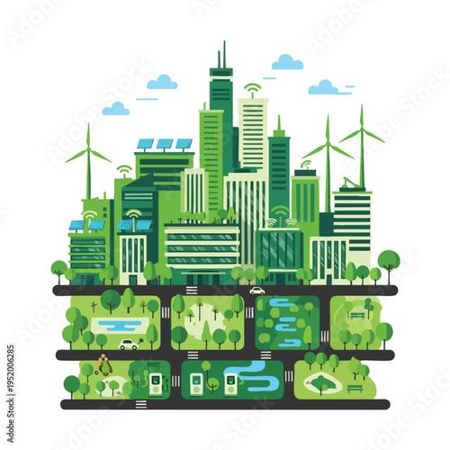 Sustainable green city skyline with wind turbines, solar panels, and parks