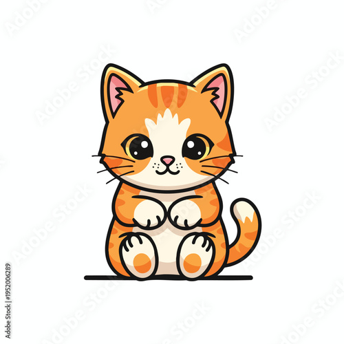 Adorable cartoon ginger tabby kitten with large, innocent eyes sits patiently