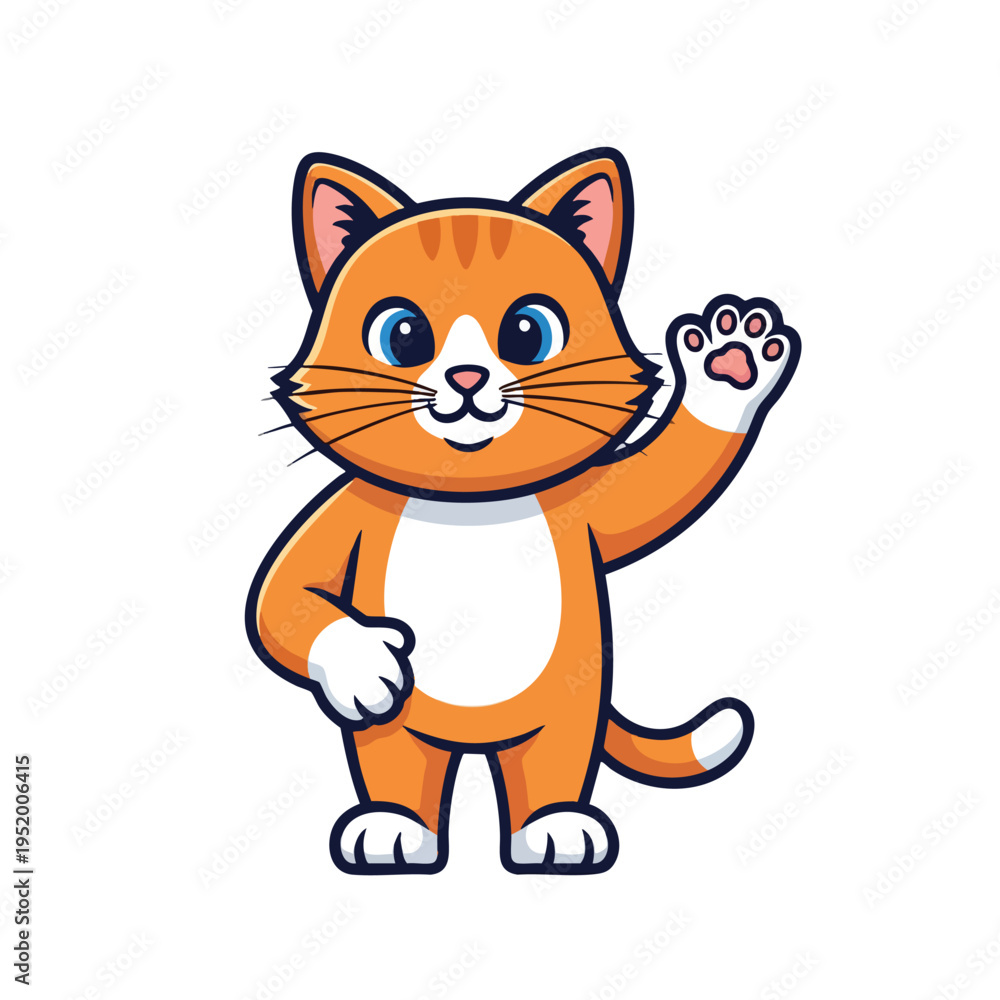 Obraz premium Cheerful orange cartoon cat waves hello with a paw raised
