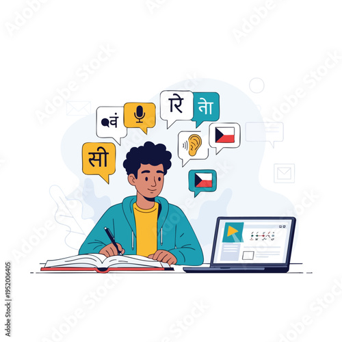 Person studying languages online, with speech bubbles and flags