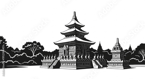 Detailed Line Art of a Traditional Asian Temple.