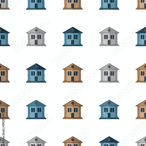 A repeating pattern of simplified, stylized building facades in tan, gray, and blue