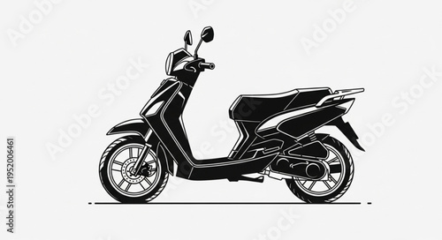 Detailed monochrome illustration of a sleek, modern scooter design.