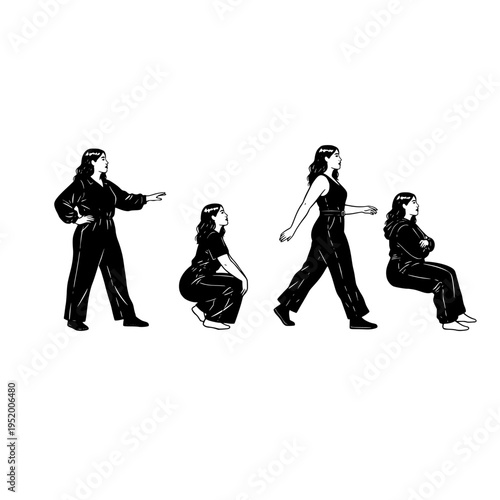 A minimalist black and white illustration showing a woman in four different poses and movements