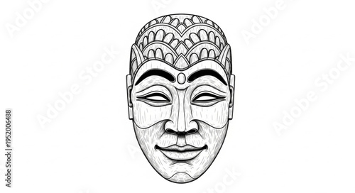 Intricate Hand-Drawn Mask with Serene Expression and Detailed Ornamentation.