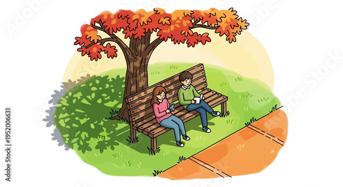 cartoon illustration of couple sitting on park bench under autumn tree