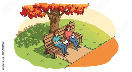 Colorful illustration of two people sitting on park bench under tree