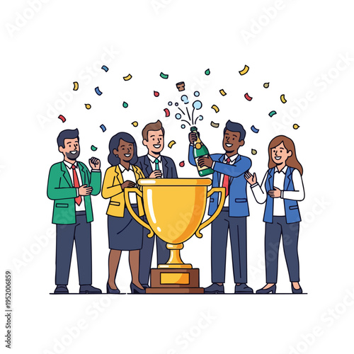 Diverse team celebrates victory with trophy and champagne spray. Confetti rains