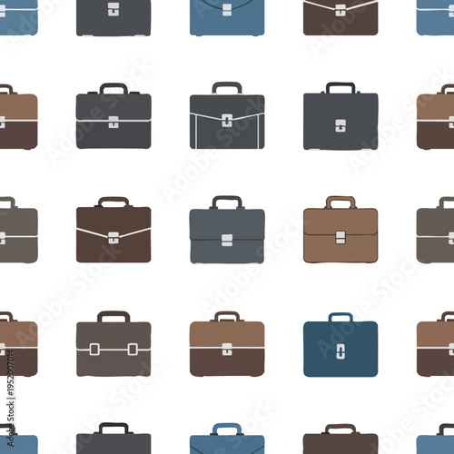 A seamless pattern of various colored briefcases in a repeating arrangement