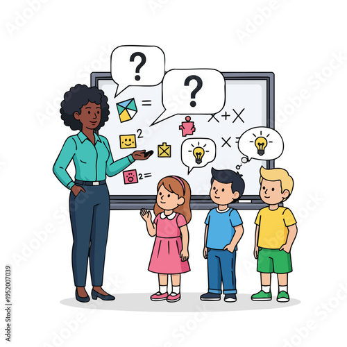 Teacher explains math to confused students with question marks and lightbulb ideas