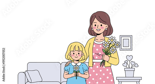 Mother and daughter holding flowers together warm family moment flat illustration