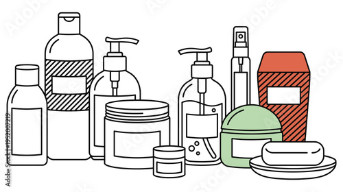Cosmetic products line drawing with colorful bottles and jars set up