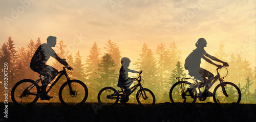 Tablou pe pânză Family cycling together at sunset, active lifestyle and togetherness concept