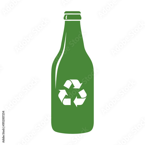 Simple green glass bottle with white recycling symbol, representing environmental protection and sustainable waste management practices. A clear visual message for reuse and reduce initiatives