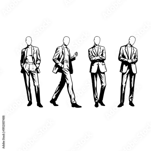 A black and white ink sketch illustration of four faceless men dressed in formal business suits