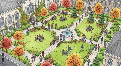 colorful illustration of people in courtyard with fountain and trees