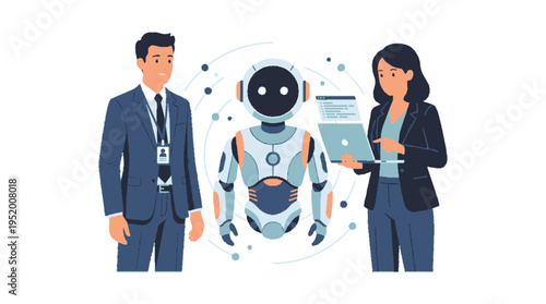 Professionals interacting with futuristic robot technology for business innovation and collaboration