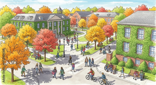 colorful illustration of college campus in autumn with people walking and biking