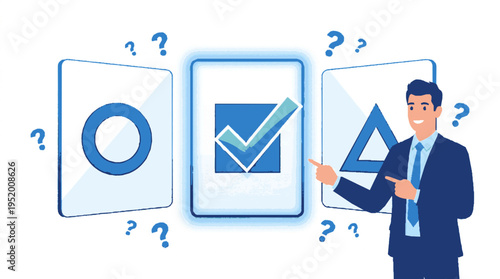 Businessman presenting quiz options with question marks and symbols on screens