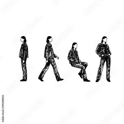 A collection of four stylized ink illustrations depicting a woman wearing a denim jacket and jeans