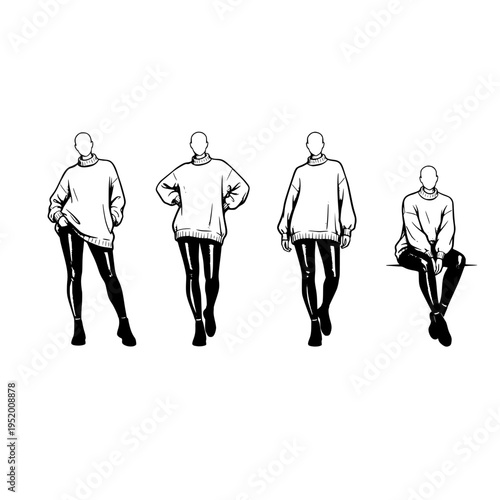Black and white line art illustration featuring four mannequin figures wearing casual sweaters