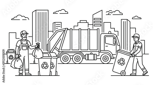 Waste collectors with garbage truck and recycle bins in city