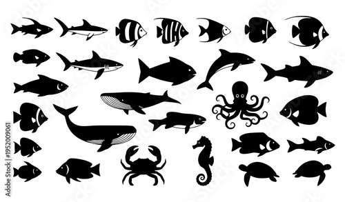 Marine fish silhouette vector pack with ocean animal shapes collection