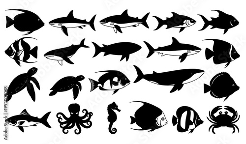 Sea animals silhouette vector set with fish shark dolphin and marine creatures